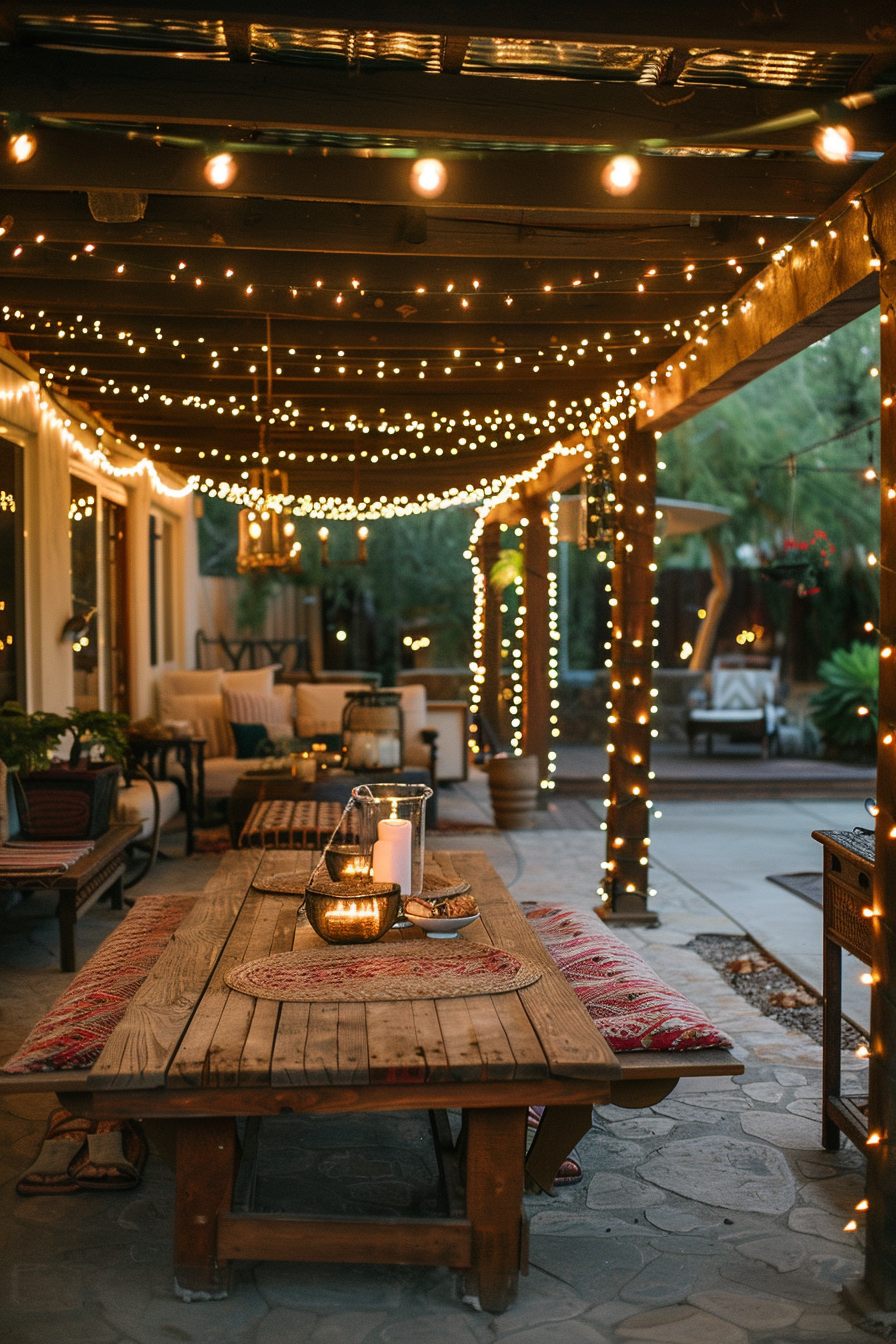 Outdoor patio at dusk with string lights, a wooden table set with candles, and comfortable seating areas.