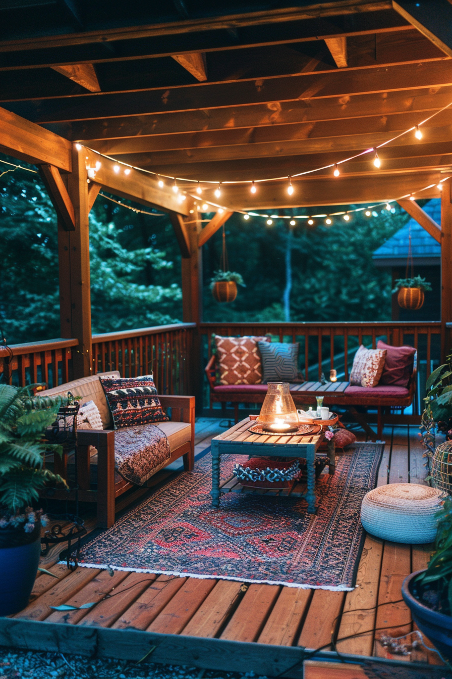 Cozy outdoor wooden patio with string lights, comfortable seating, decorative pillows, and a lit lantern on a coffee table at dusk.