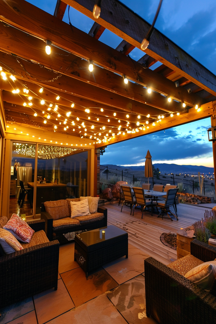 Cozy outdoor patio with string lights at dusk, featuring comfortable seating and a wooden pergola above.