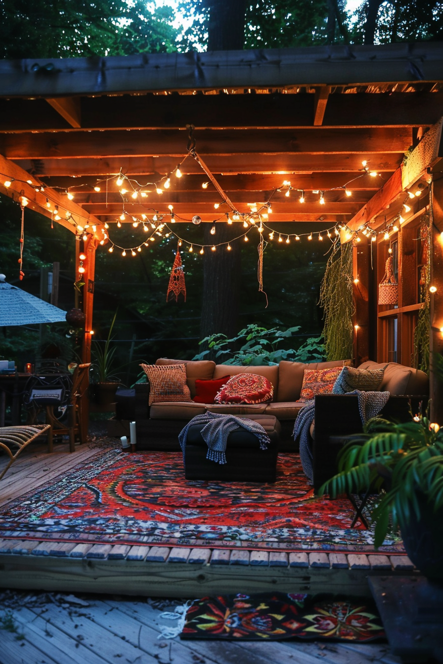 Cozy outdoor patio with string lights, cushions on a sofa, and a colorful rug, surrounded by lush greenery in twilight ambiance.