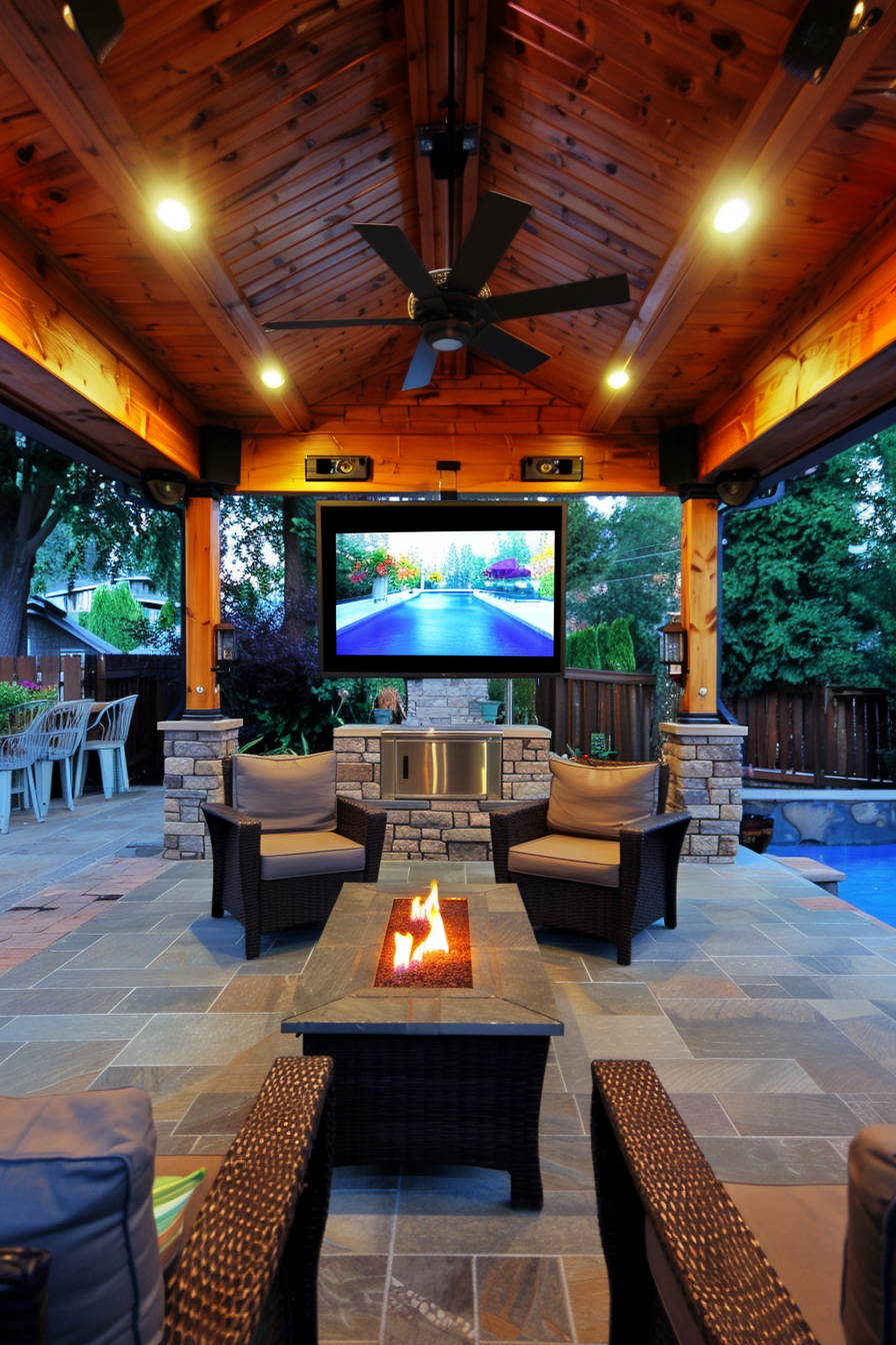 Outdoor covered patio area with fireplace, seating, built-in grill, and a ceiling fan, opening onto a poolside space.