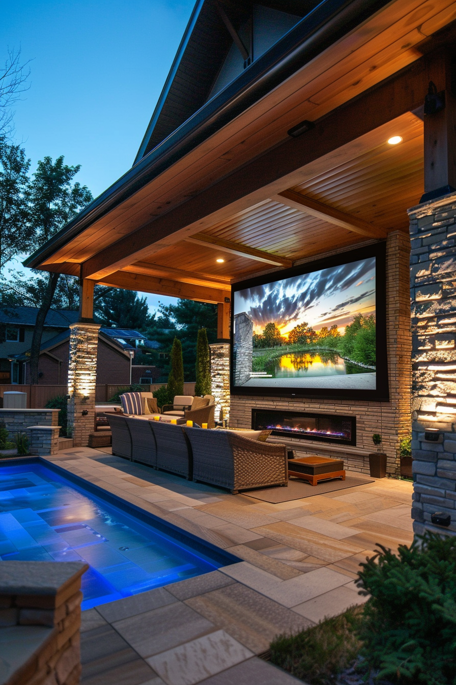 ALT: An outdoor luxury patio with a fireplace, seating area, and a large screen displaying a nature scene, adjacent to a lit blue swimming pool.