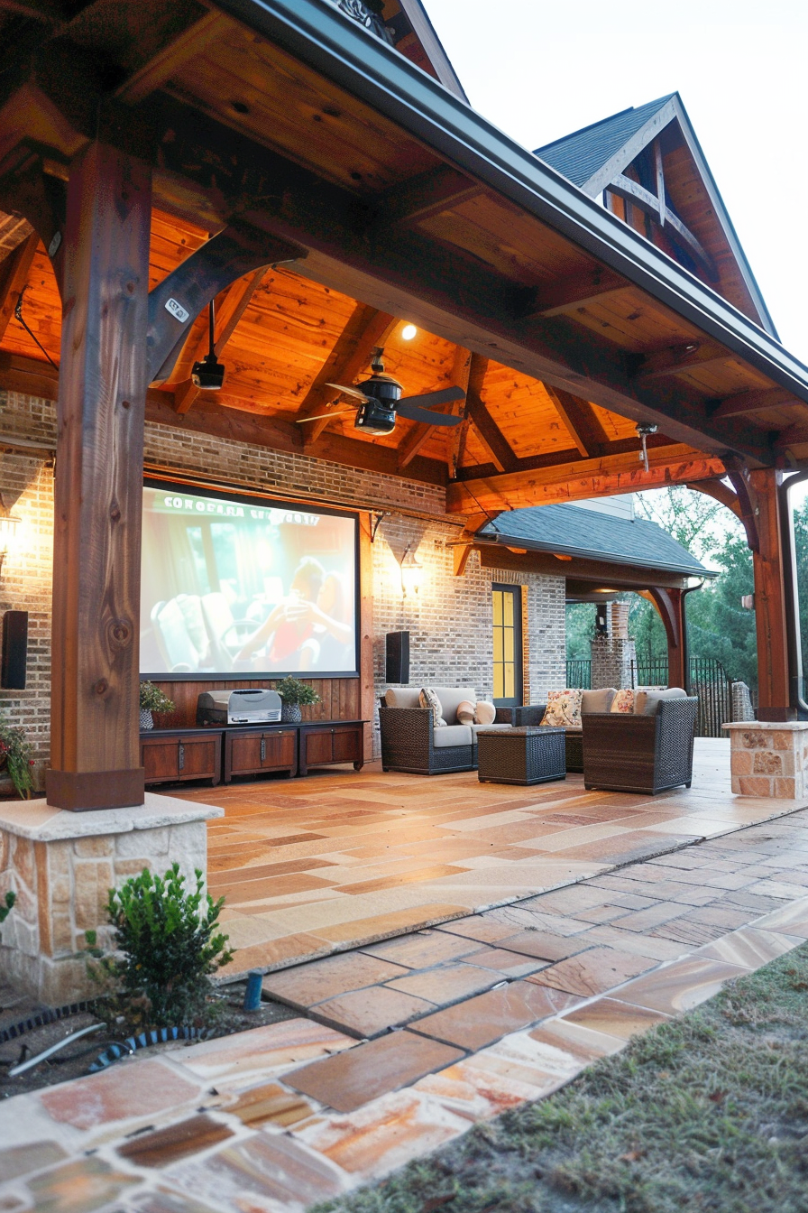 Outdoor patio with a TV, seating area, and wooden pergola at twilight.