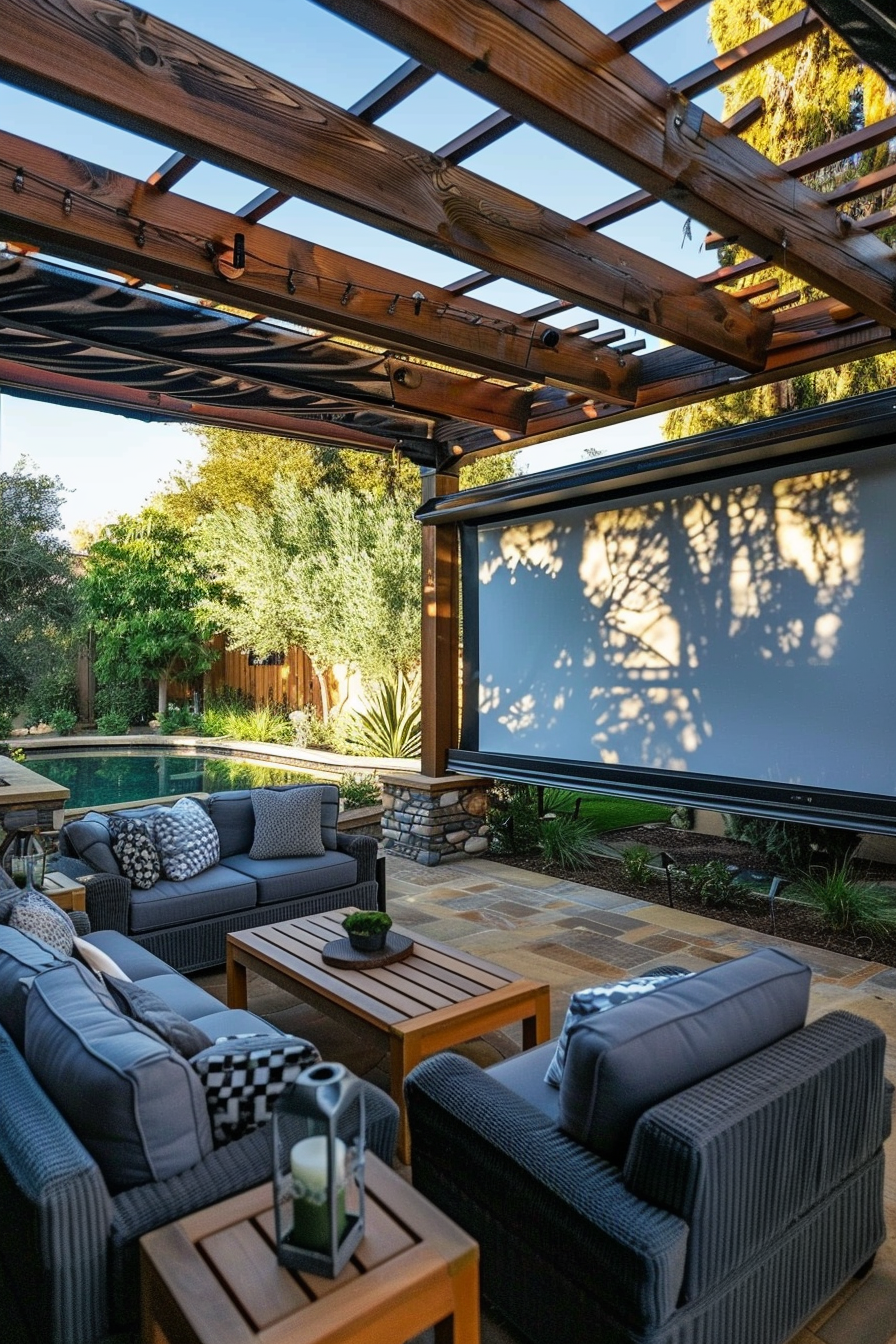 Outdoor patio with a pergola, seating area, and a large projection screen, set against a backdrop of trees and a swimming pool.