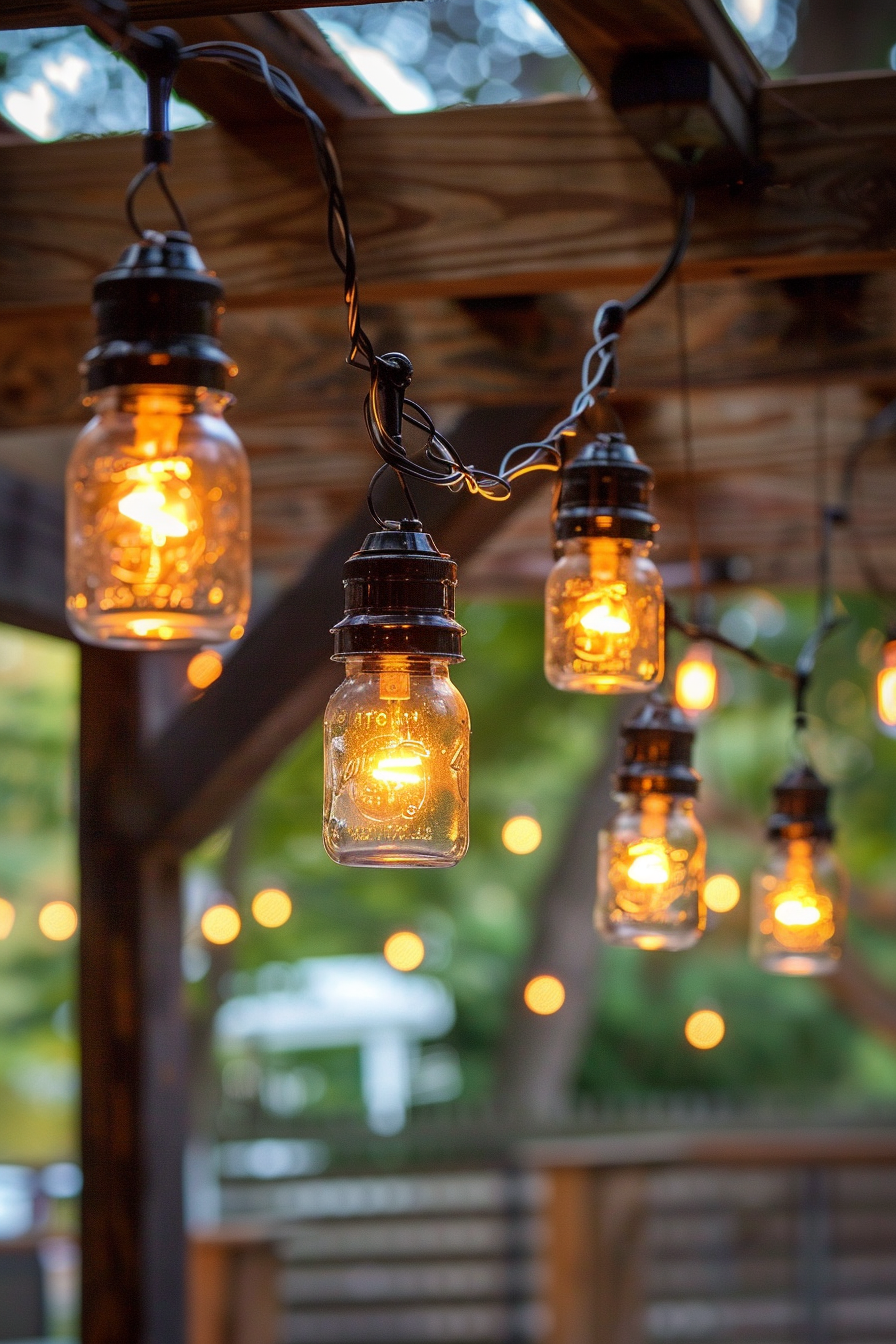 ALT: Warmly lit string of mason jar lights hanging from a pergola at dusk, creating a cozy outdoor ambiance.