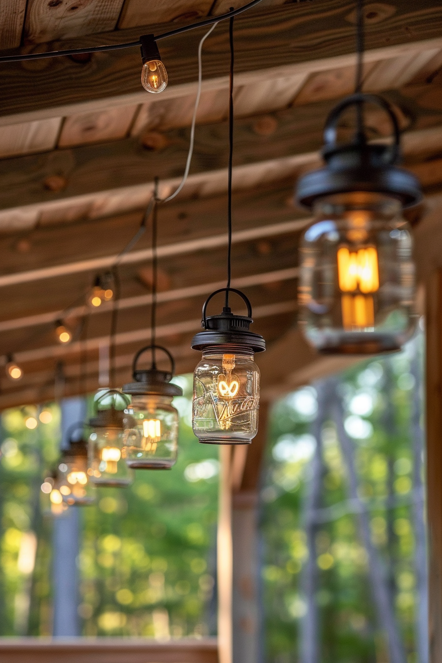 Decorative glass jar lights hanging on a porch with a warm, cozy glow and green trees in the background.