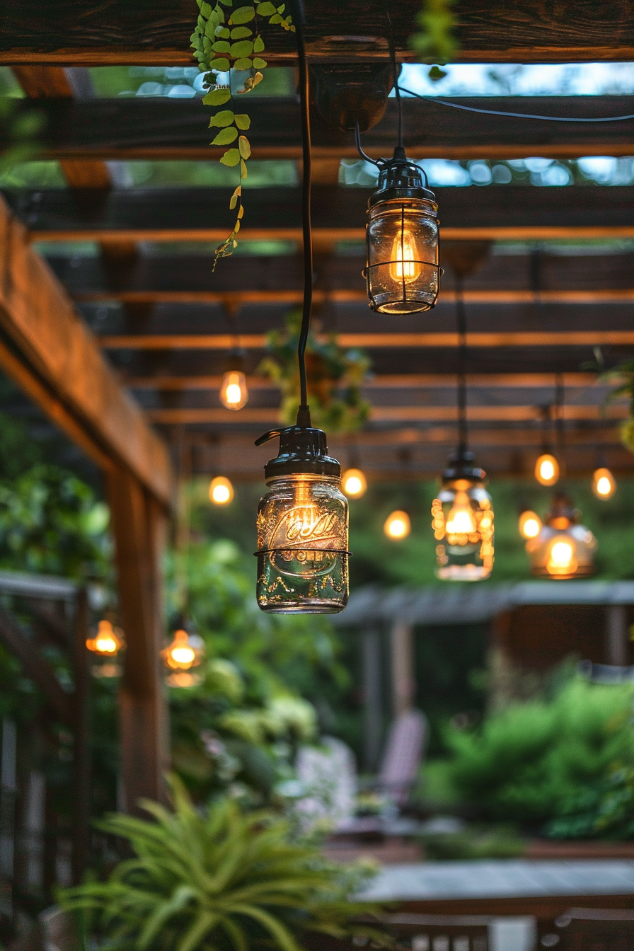 ALT: Warmly lit, vintage-style jar lights hanging from a wooden pergola, surrounded by greenery in an outdoor evening setting.