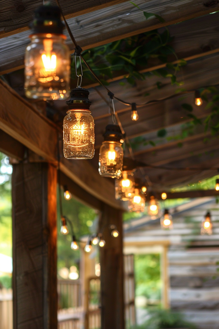 Mason jar lights hanging from a wooden pergola, glowing warmly at dusk.