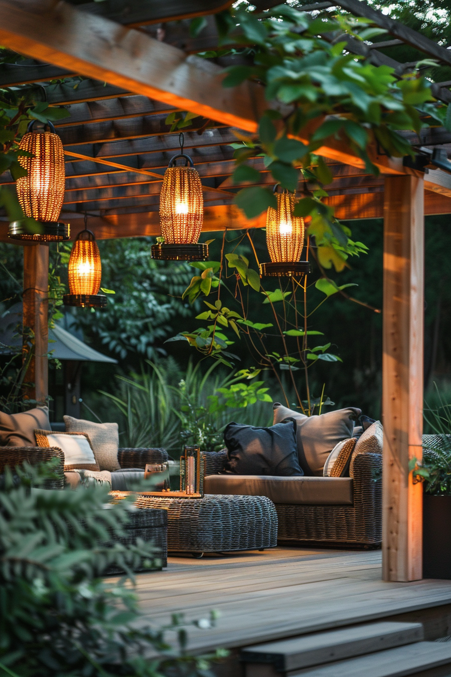 Cozy outdoor patio with hanging rattan lamps, comfortable seating surrounded by lush greenery at dusk.