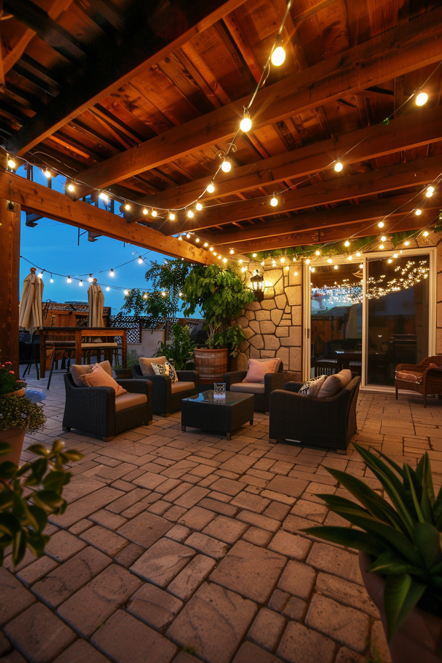 Cozy outdoor patio at dusk with string lights, comfortable furniture, and stone flooring.