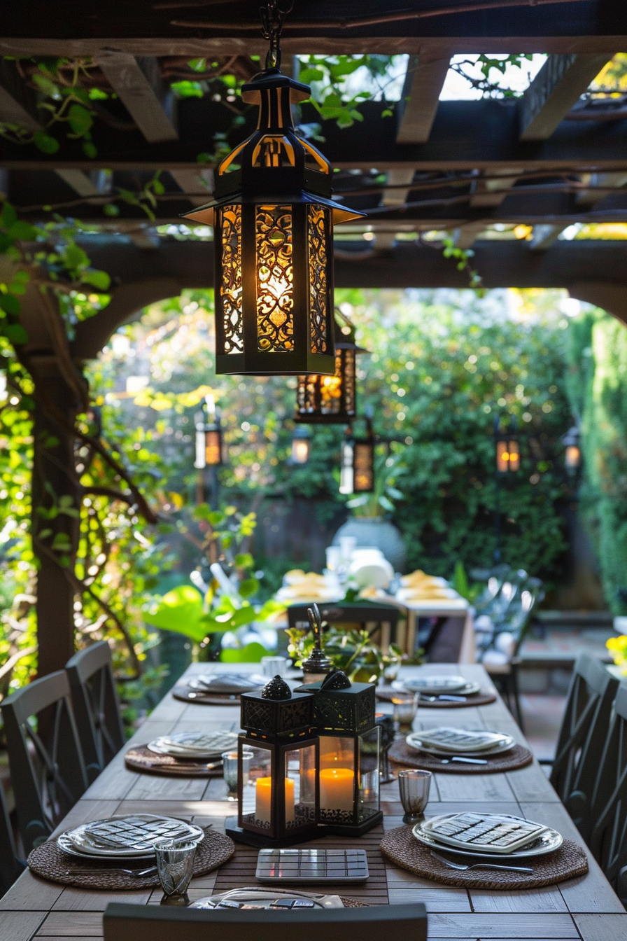 Elegant outdoor dining setting with patterned lanterns, set table under a pergola with greenery.