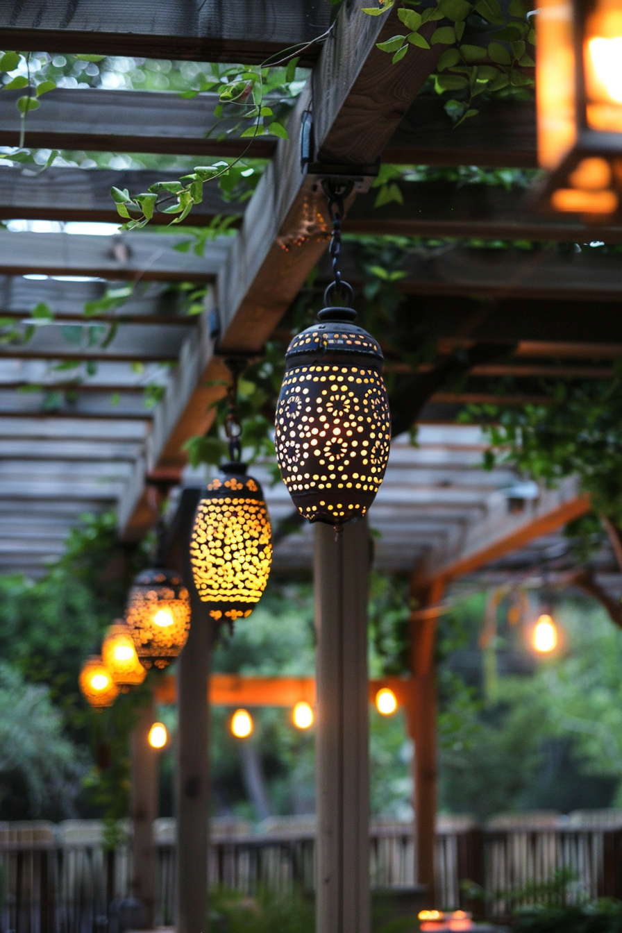 Outdoor setting with ornate hanging lanterns emitting warm light at twilight, surrounded by green foliage.
