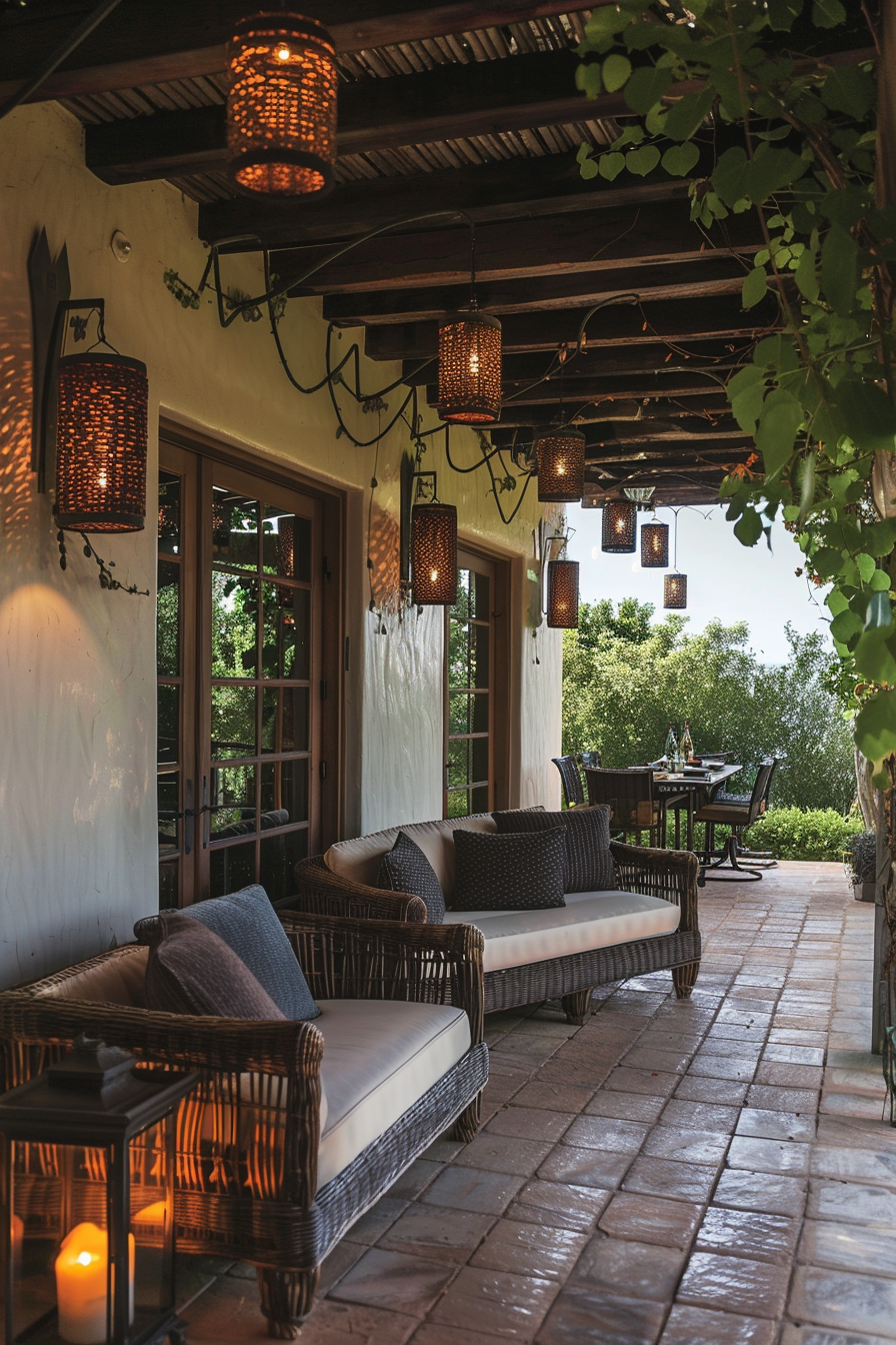 Cozy outdoor patio with wicker sofas, patterned cushions, hanging lanterns, and lush greenery in the background.
