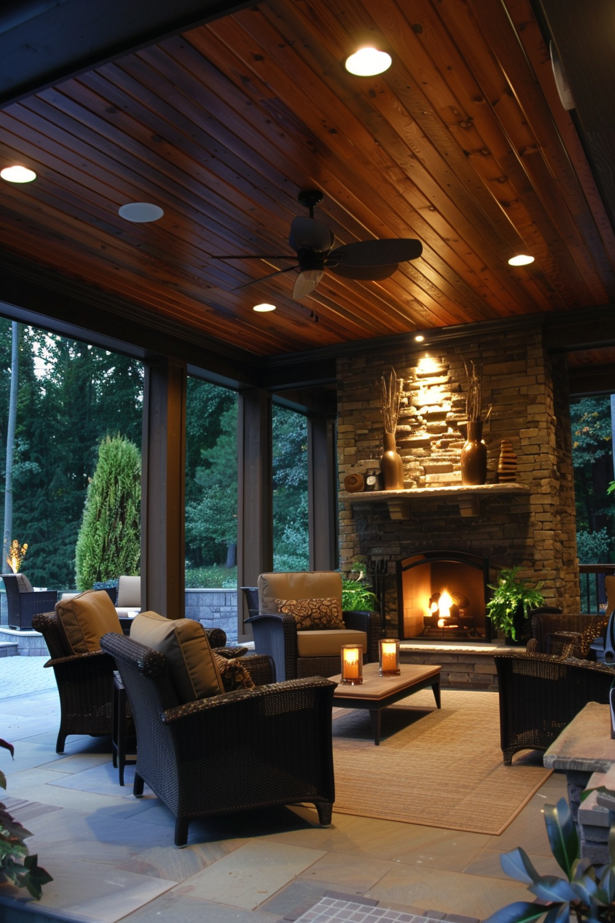 A cozy covered patio with wicker furniture, lit fireplace, and wooden ceiling, surrounded by evening nature views.