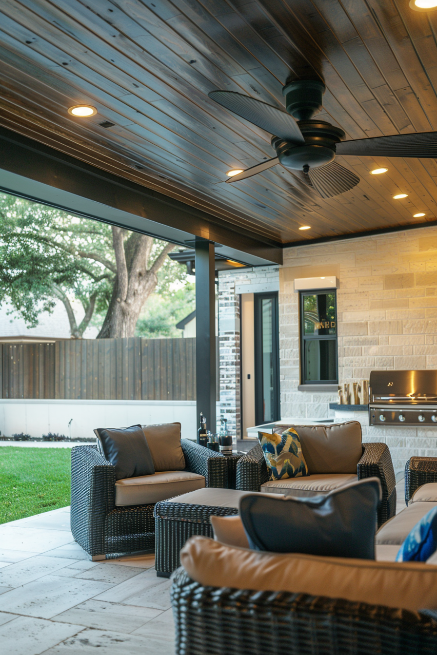 A cozy outdoor patio with wicker furniture, ceiling fans, and a built-in grill, overlooking a green lawn.