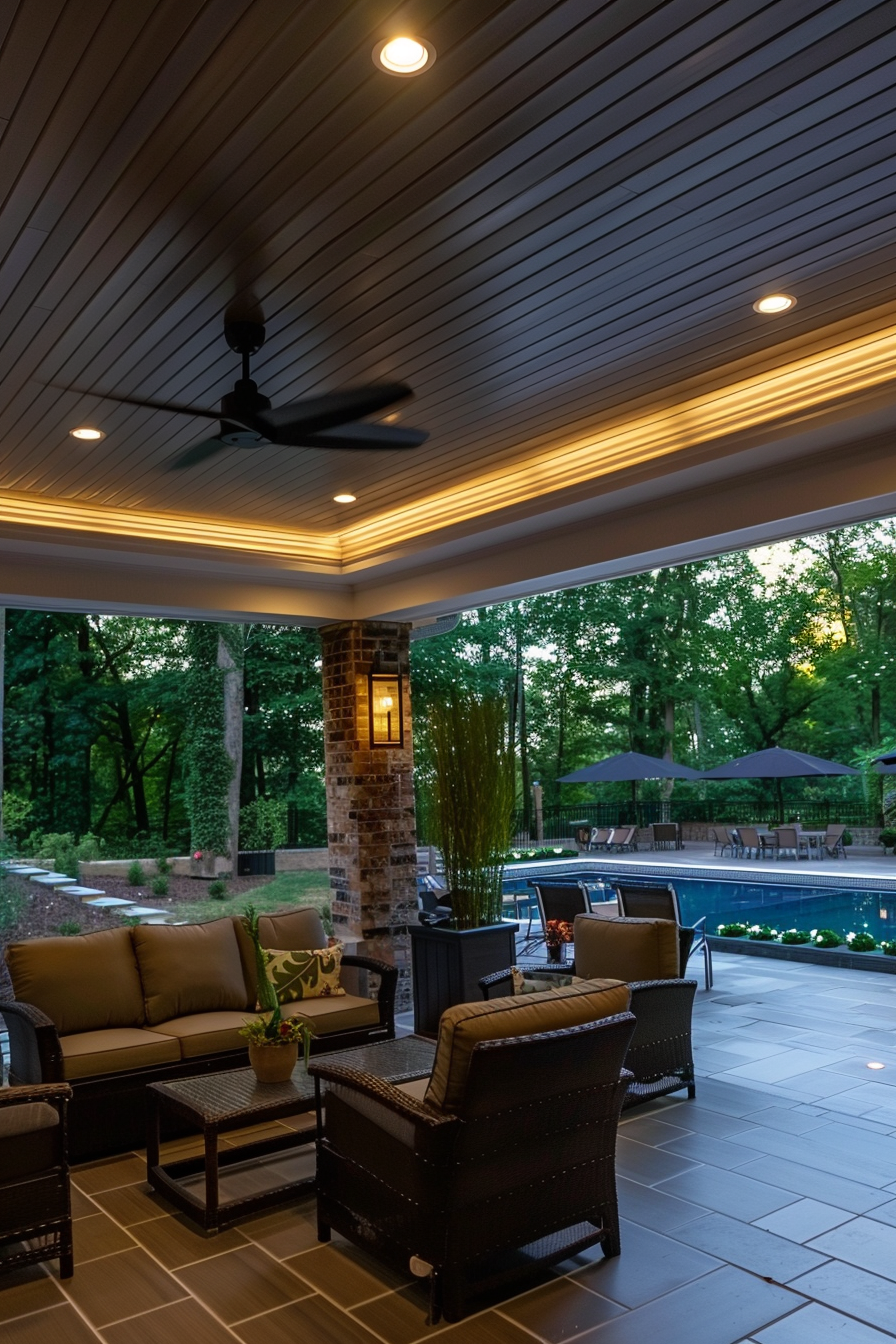 Outdoor patio area with furniture under a covered deck with ceiling fan and warm lighting, overlooking a swimming pool at dusk.