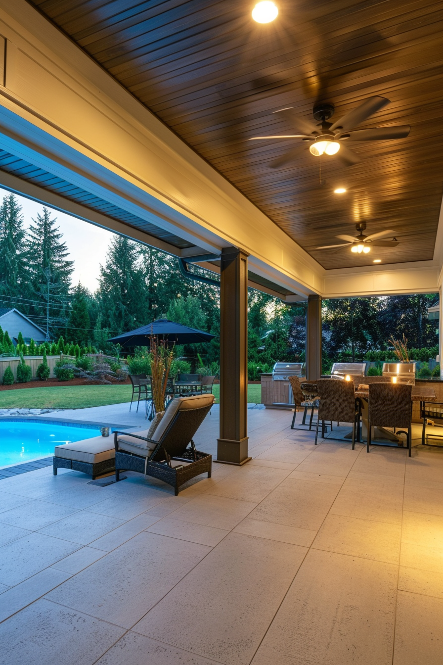 Elegant outdoor patio with furniture overlooking a swimming pool at dusk, ceiling fans above and ambient lighting.