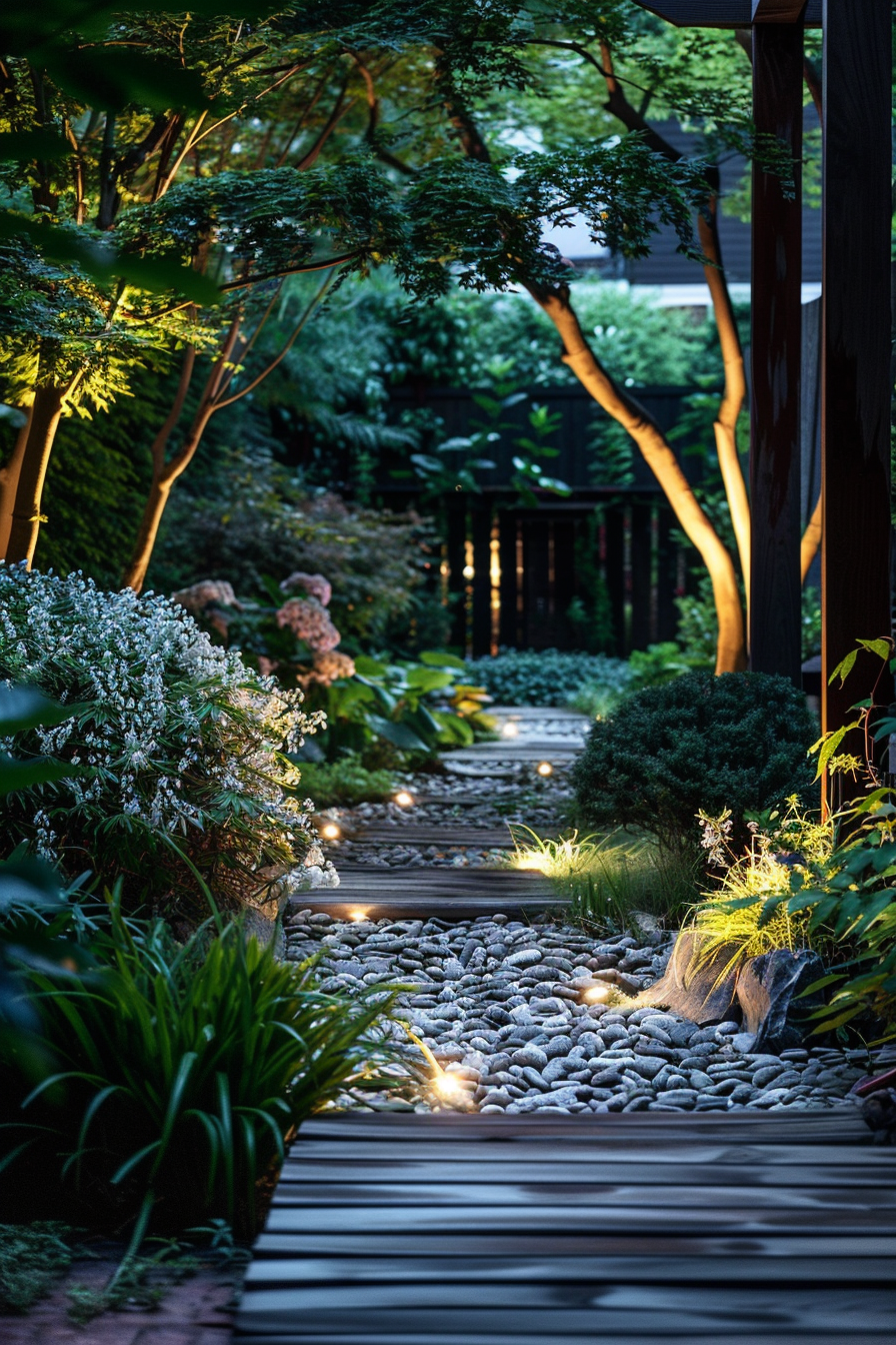 "An illuminated garden pathway lined with stones, plants, and small lights at dusk, highlighting the serene beauty of nature."