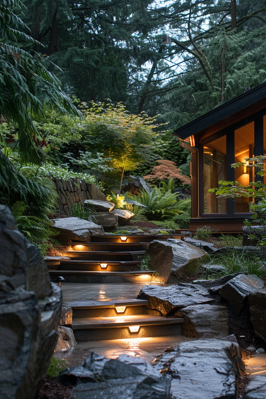 ALT Text: "Illuminated outdoor steps lead up to a cozy house surrounded by lush greenery in a tranquil evening setting."