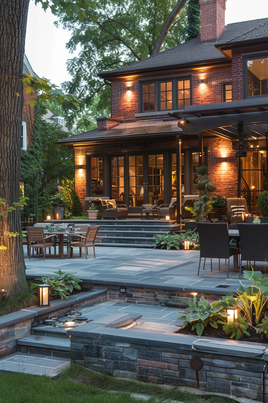 Elegant backyard patio with dining area, outdoor furniture, and warm lighting in a lush garden setting at dusk.