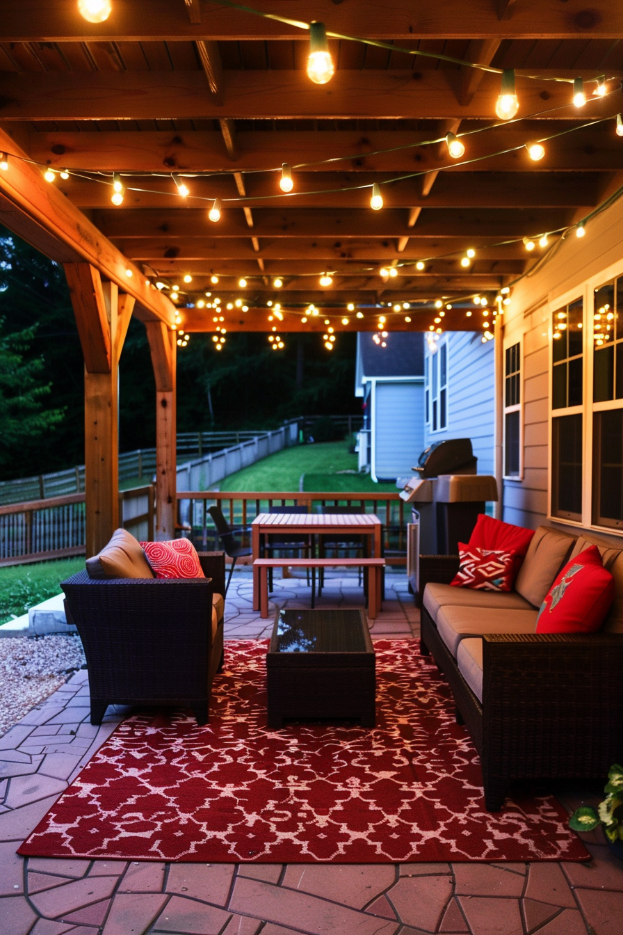 Cozy outdoor patio with string lights overhead, furnished with a sofa, chairs, and a coffee table on a decorative rug.