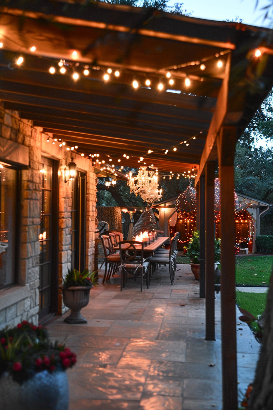 Cozy backyard patio adorned with string lights, a chandelier, and festive decorations at twilight.
