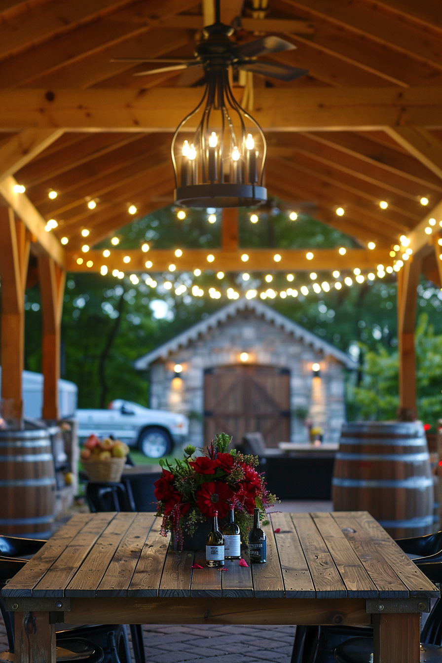 Wooden table decked with red flowers under a gazebo with string lights and a chandelier, evening ambiance.