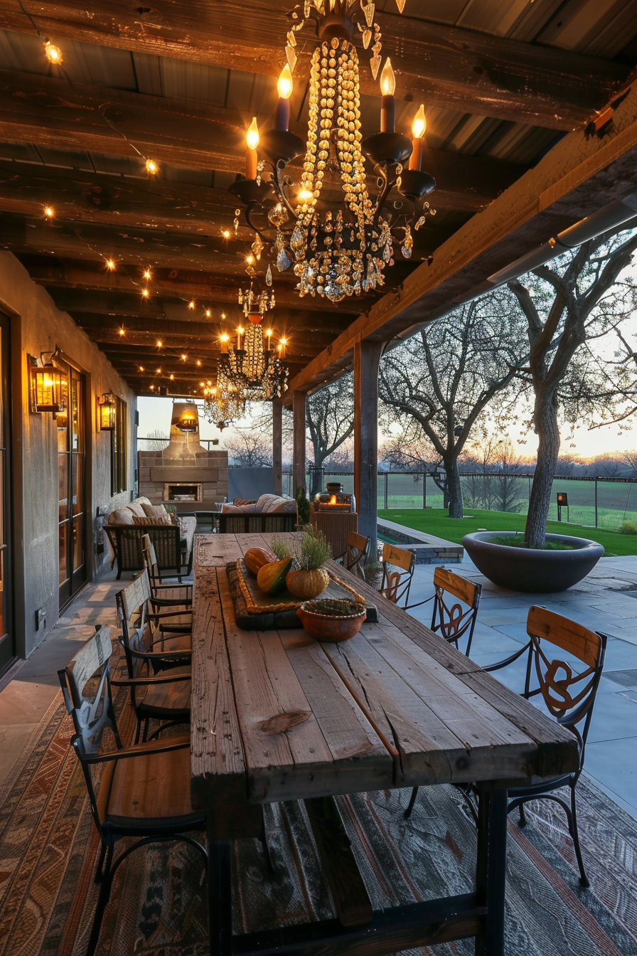 Rustic outdoor patio with elegant chandeliers, wooden dining table, and a fireplace, overlooking a scenic sunset landscape.