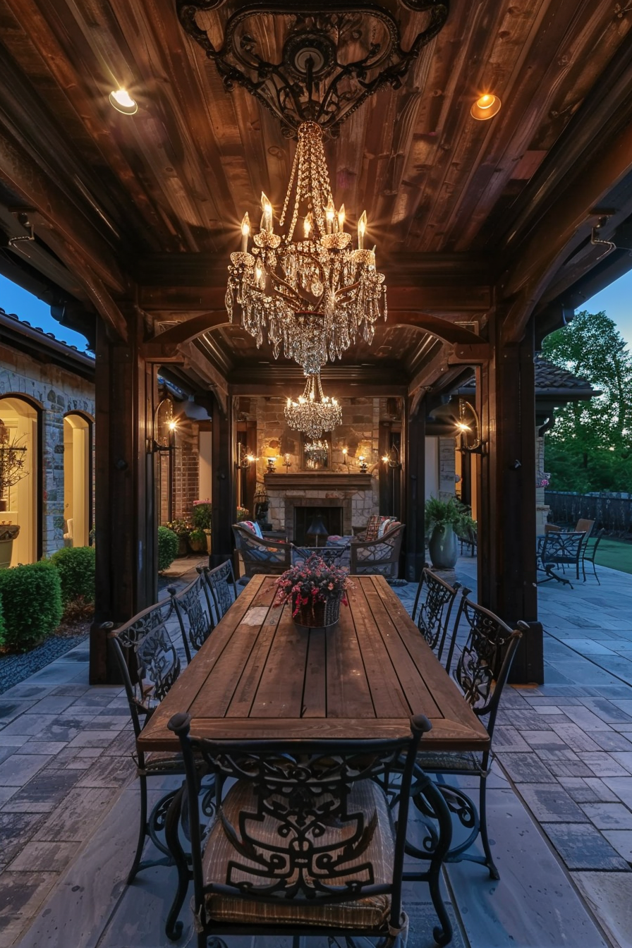 Elegant outdoor dining area with a grand chandelier, wooden table, wrought iron chairs, and a fireplace at dusk.