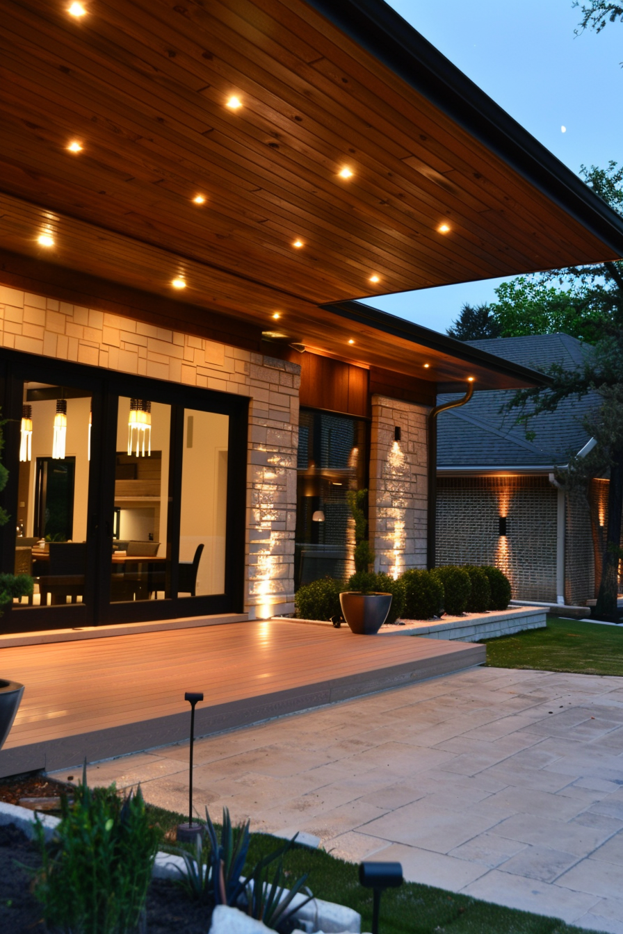 Modern house exterior at twilight with wooden ceilings, recessed lighting, large windows, and landscaped garden.