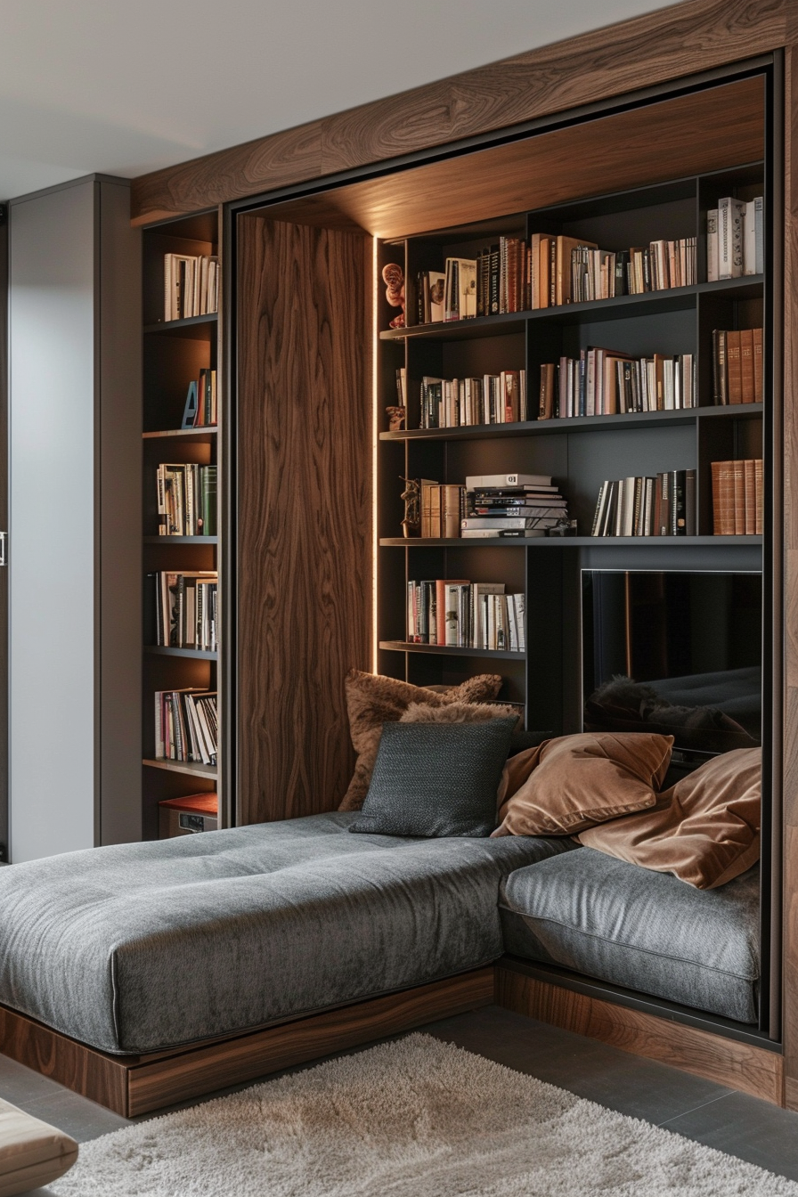 Cozy reading nook with built-in bookshelves and a comfortable daybed with pillows in a modern interior.