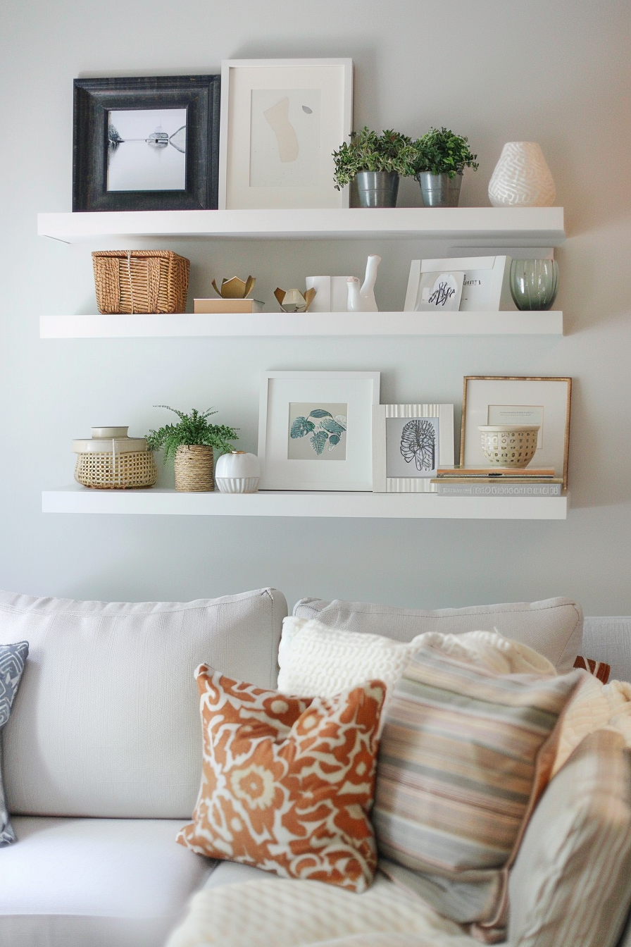 Decorative living room wall shelves with framed art, baskets, and small plants, above a sofa with patterned cushions.