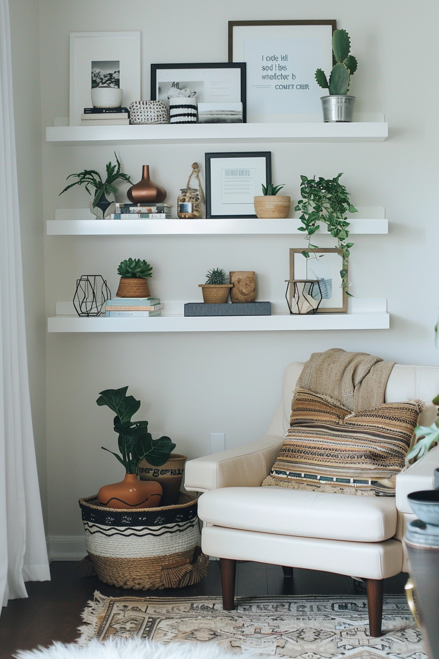A cozy room corner with floating shelves, plants, books, and a comfy armchair with a throw blanket and pillow.