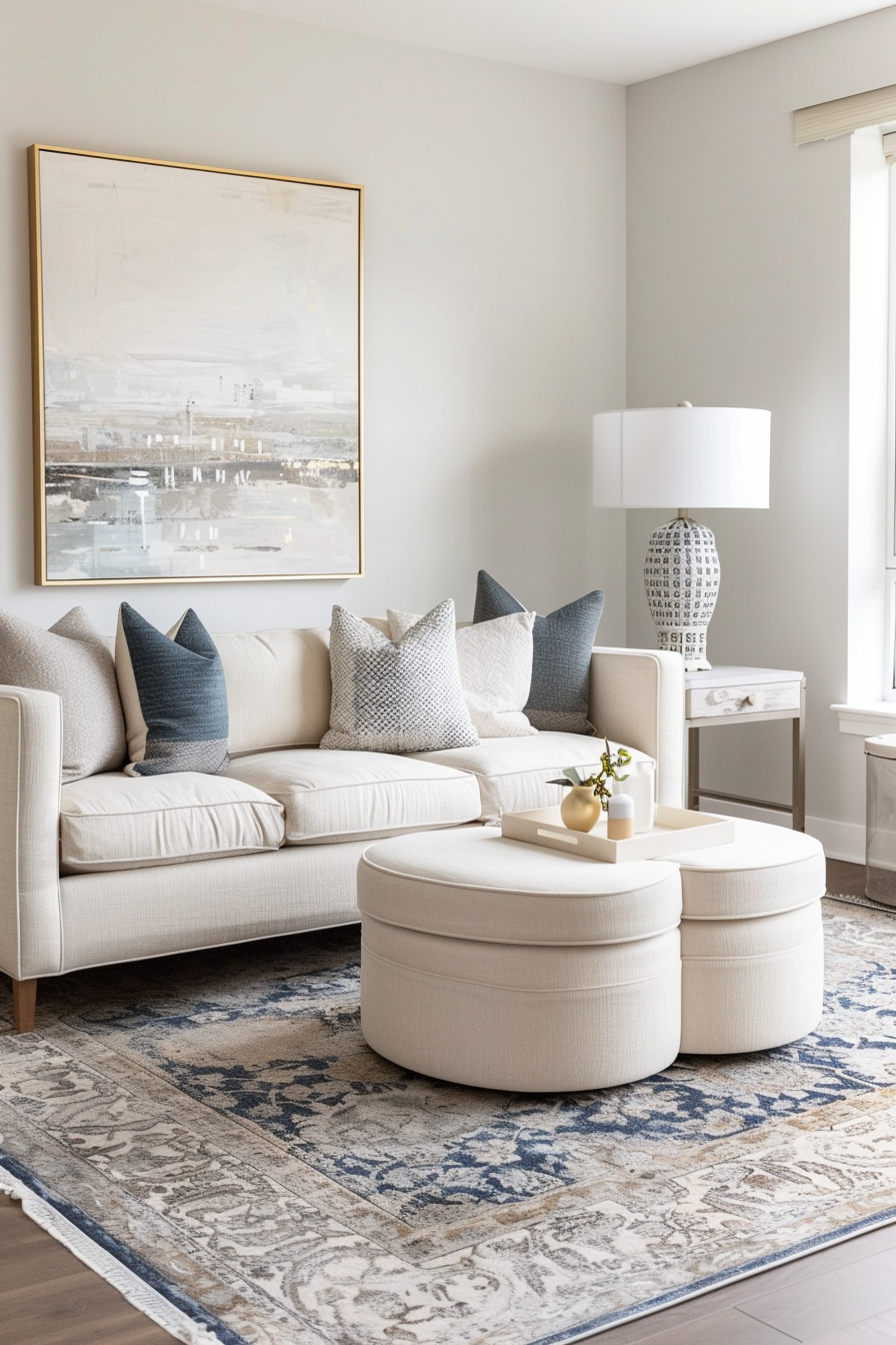 Elegant living room with a neutral-toned couch, round ottomans, patterned rug, abstract wall art, and a decorative table lamp.