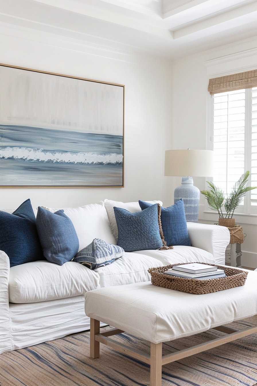 Coastal-inspired living room with a white sofa, blue pillows, a large abstract ocean painting, and natural light from the window.