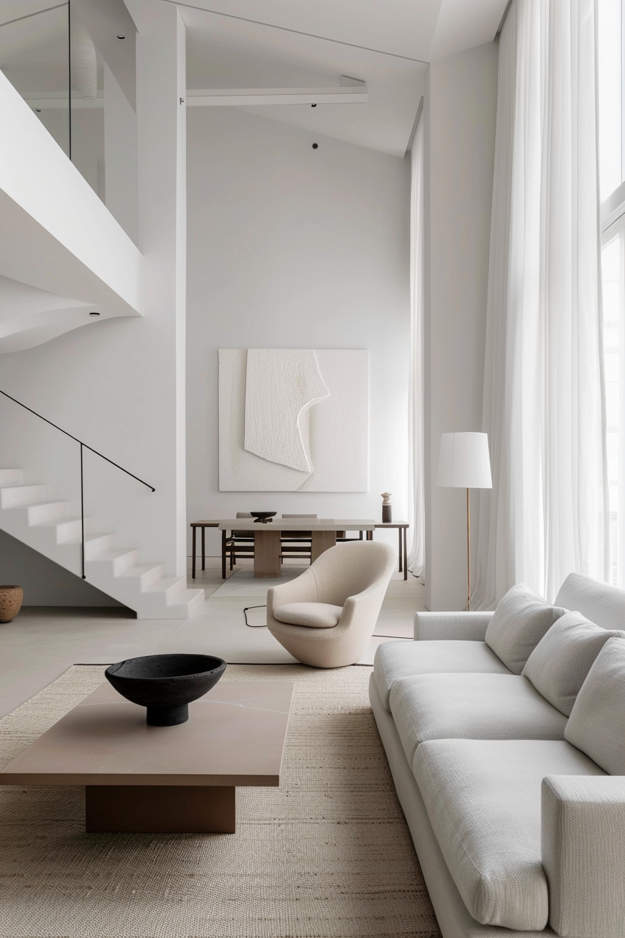 Minimalist living room with white walls, modern furniture, a stairway, and large windows draped with curtains.