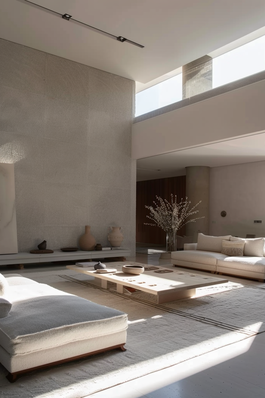 Minimalist living room with beige tones, large window for natural light, textured wall, and modern furniture.