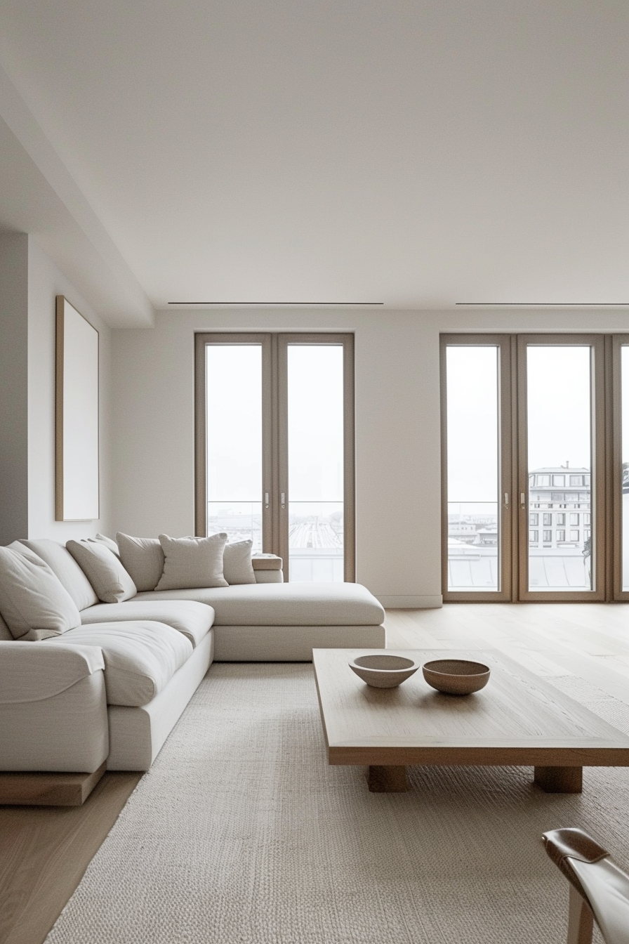 A minimalist living room with a large L-shaped white couch, coffee table, and expansive windows letting in natural light.