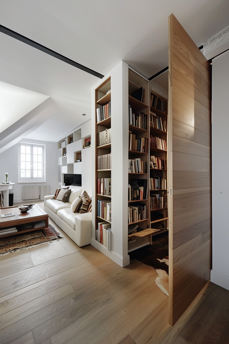 Modern living room with white sofa, built-in bookshelves full of books, wooden flooring, and an open door revealing more shelves.