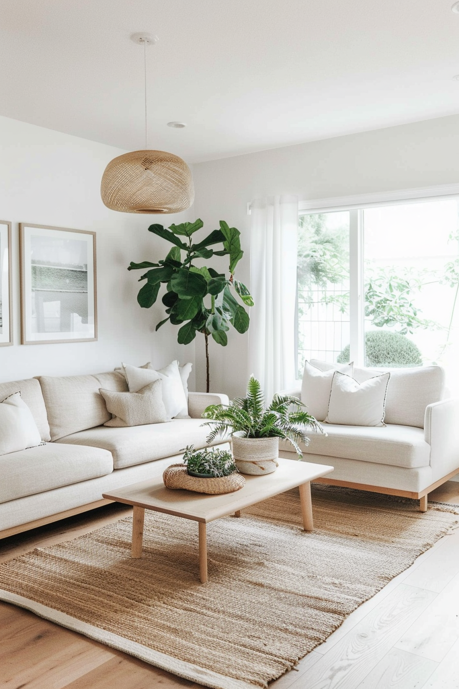 A bright, minimalist living room with white sofas, wooden tables, woven rugs, and indoor plants.