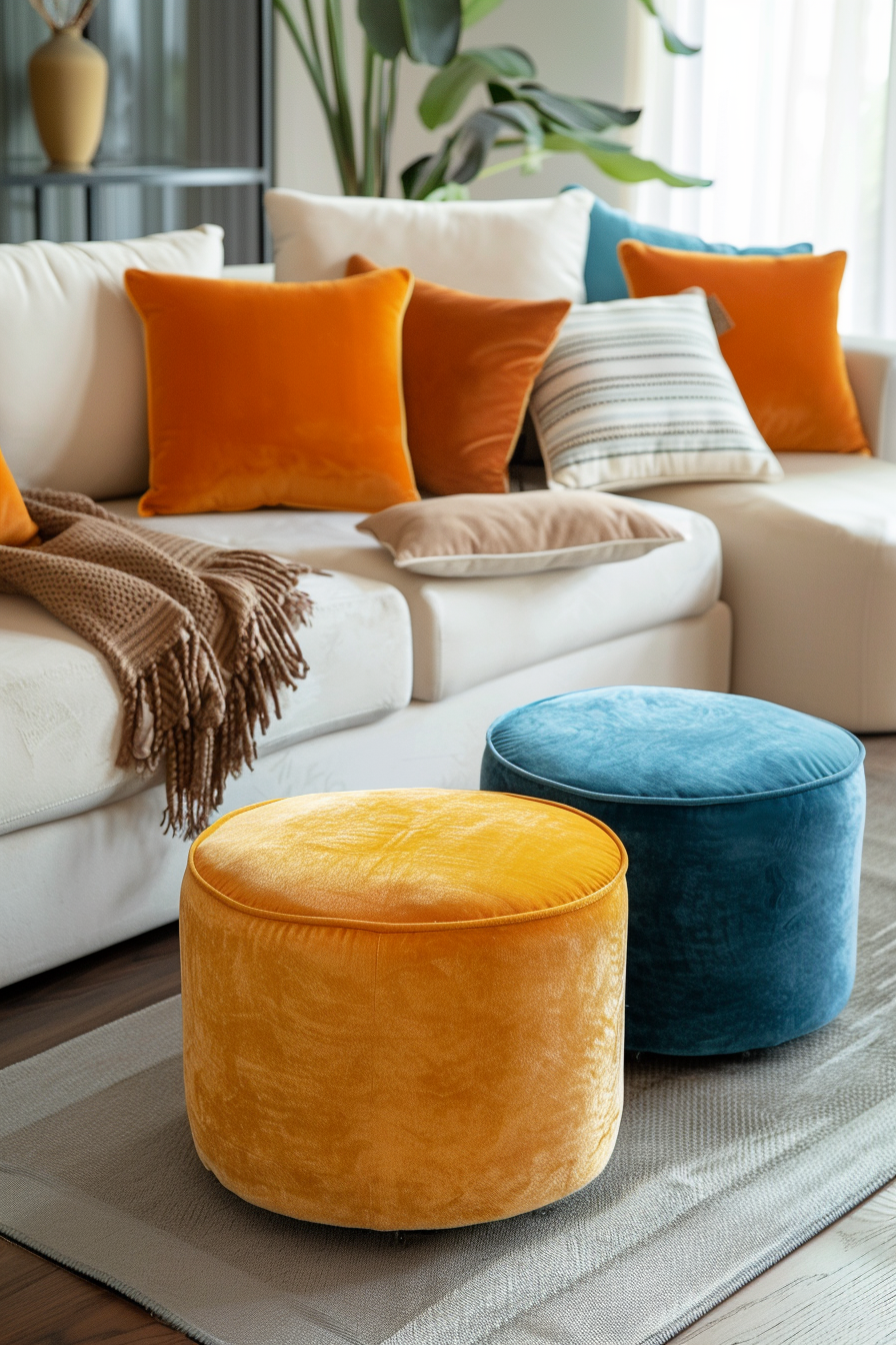 A cozy living room corner with a white couch adorned with orange and beige pillows, a brown throw, and colorful round velvet ottomans.