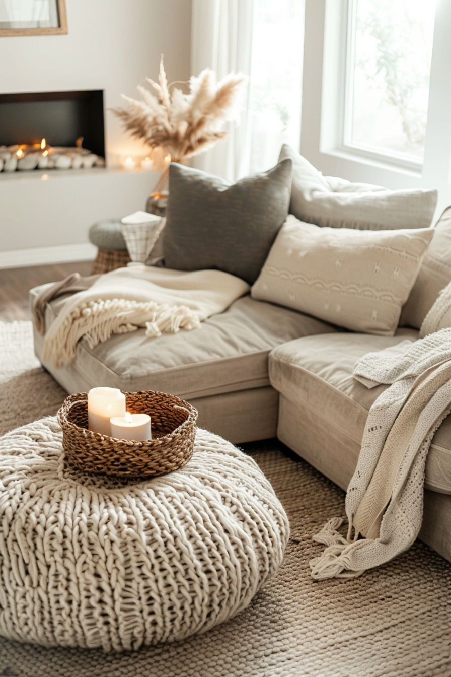 A cozy living room corner with a beige couch, chunky knit pouf, lit candles in a basket, and a decorative fireplace in the background.