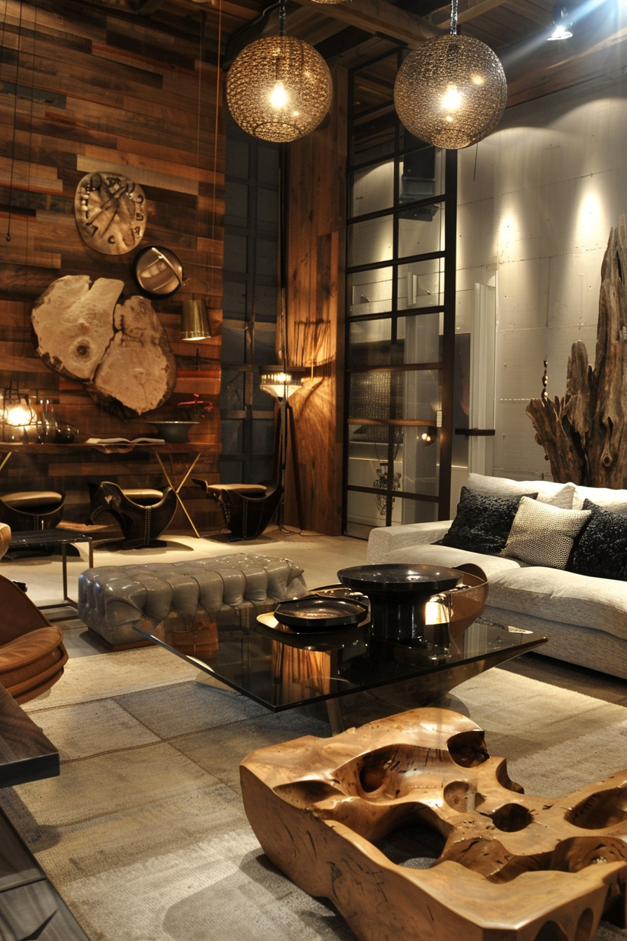 Modern living room with rustic wooden walls, eclectic furniture, unique chandeliers, and decorative wall clocks.