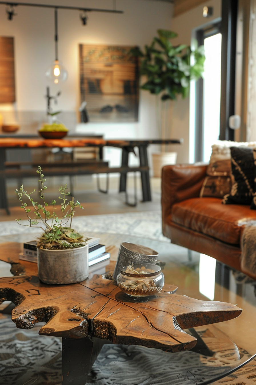 Alt text: A rustic living room with a unique wooden coffee table, decorative plants, and a leather couch in the background.