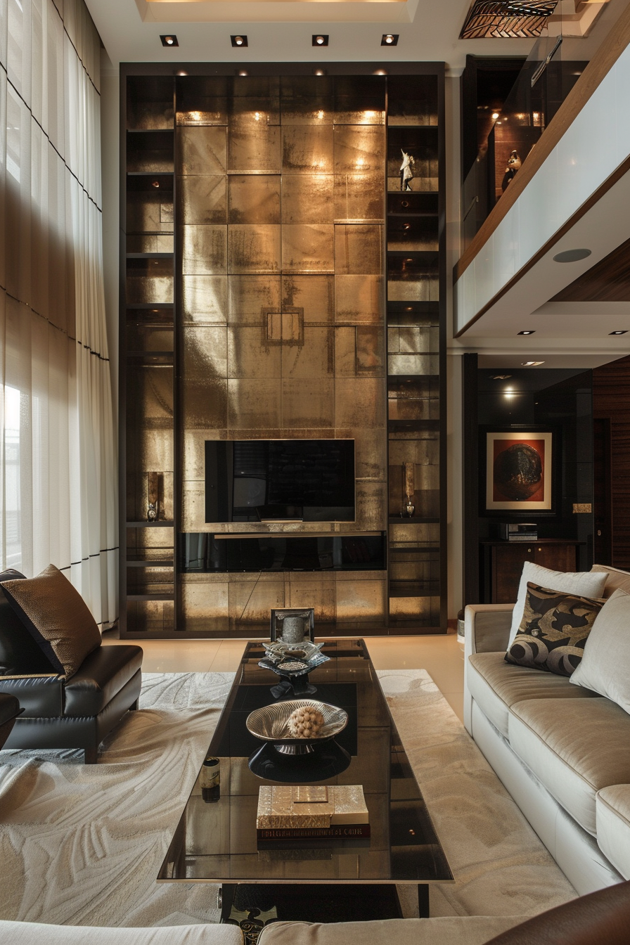 Elegant living room with a large metallic wall unit, modern furniture, and sophisticated decor.