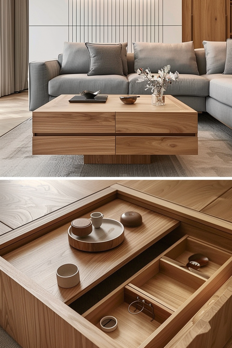 Modern living room with a grey sofa and a wooden coffee table, featuring an open drawer displaying organized compartments.