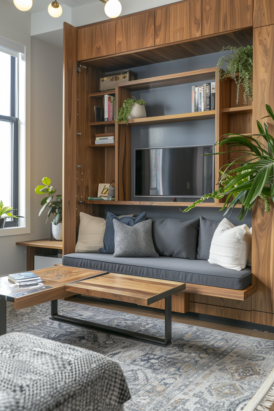Cozy living room with a grey sofa, wooden built-in shelves, TV, plants, and a multifunctional coffee table on a patterned rug.