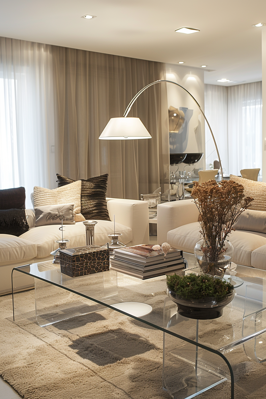 Modern living room with beige sofas, glass coffee table, decorative pillows, an arc floor lamp, and sheer curtains.