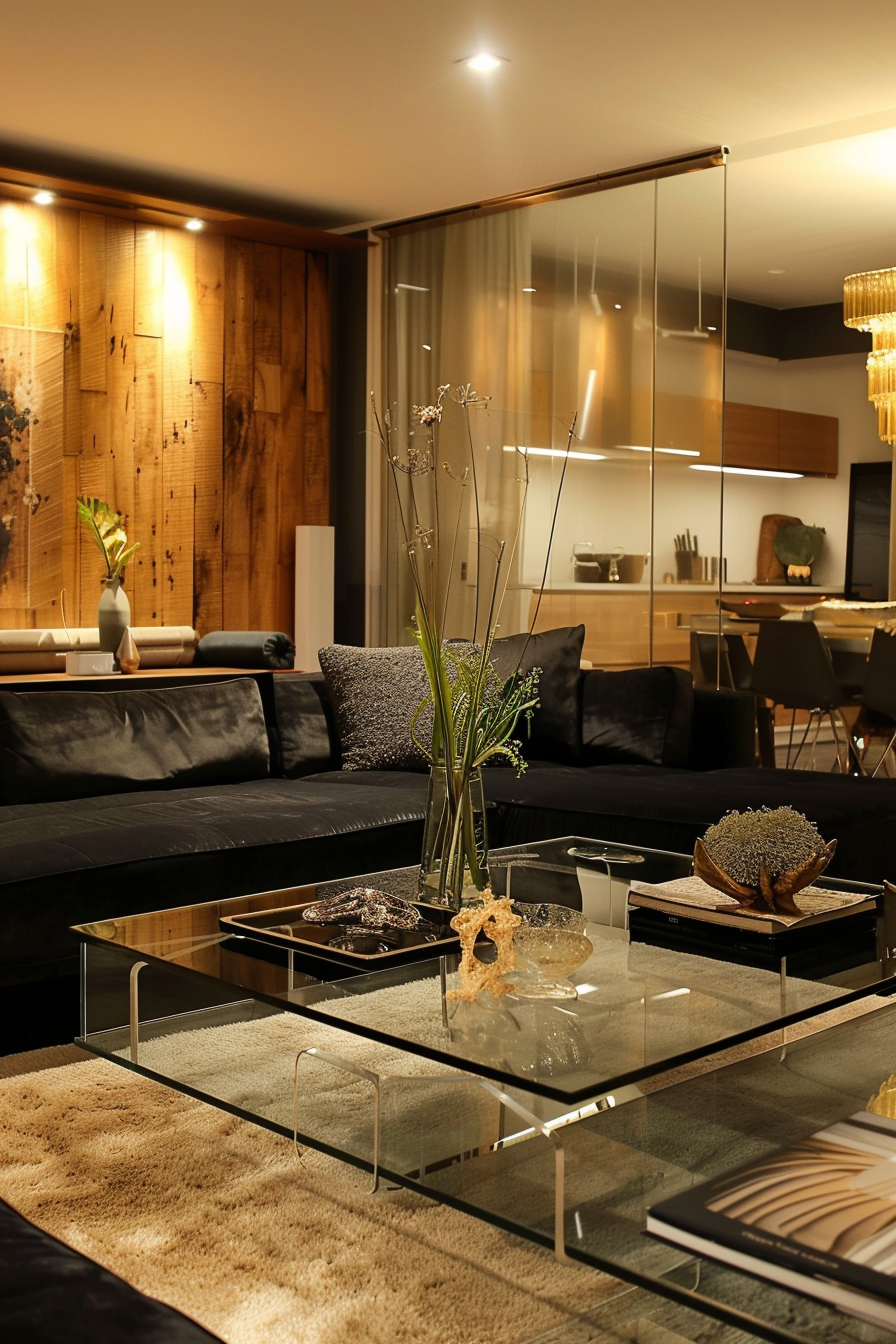Modern living room interior with cozy lighting, featuring a black sofa, glass coffee table, and wooden wall paneling.