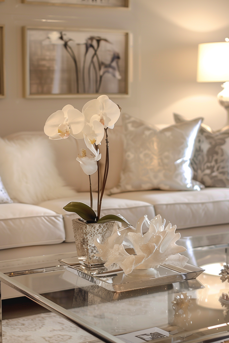 Elegant white orchid on a reflective glass table in a cozy living room with decorative pillows and soft lighting.